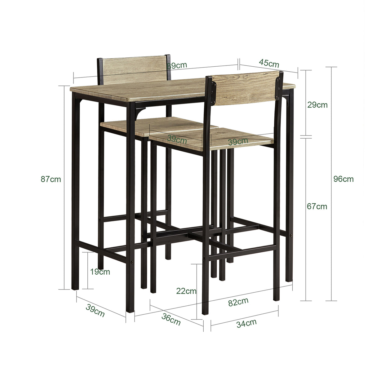 SoBuy OGT03-N Set Masă Înaltă de Bucătărie 87 cm cu 2 scaune de bar – Mobilier de Bar Compact Mese În Picioare pentru Spații Mici, Balcon, Living sau Bucătărie – Stil Industrial Lemn și Metal