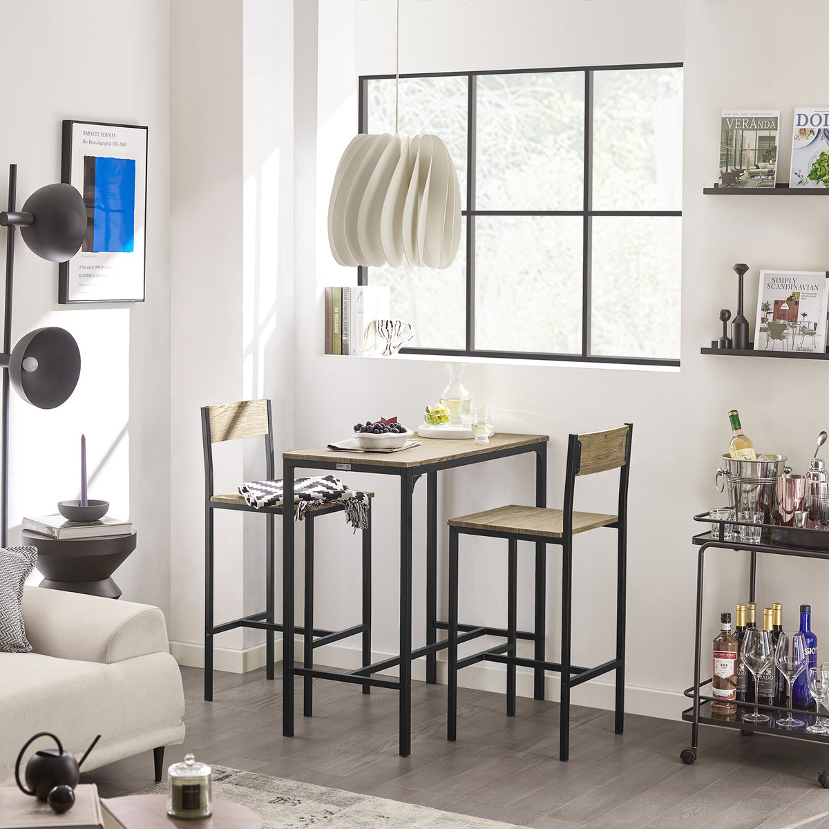 SoBuy OGT03-N Set Masă Înaltă de Bucătărie 87 cm cu 2 scaune de bar – Mobilier de Bar Compact Mese În Picioare pentru Spații Mici, Balcon, Living sau Bucătărie – Stil Industrial Lemn și Metal
