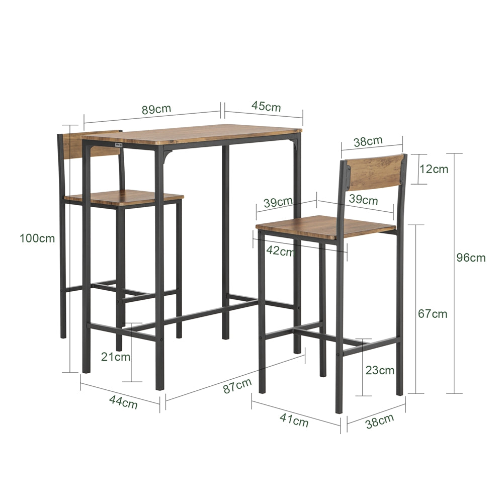 SoBuy OGT03-XL Set Masă Înaltă de Bucătărie 100 cm cu 2 Scaune de Bar – Mobilier Bar Compact Măsuță Înaltă pentru Spații Mici, Balcon, Living sau Bucătărie – Stil Industrial Lemn și Metal