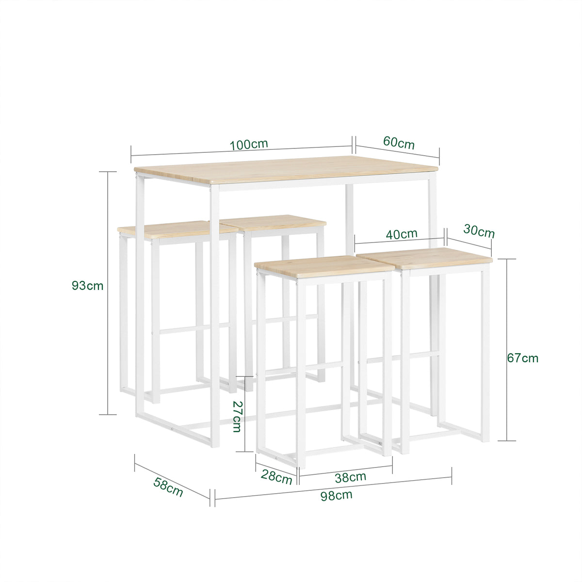 SoBuy OGT15-WN Ensemble Table Haute avec 1 Table et 4 Tabourets, Format Gain de Place, Format Compact, Design Fonctionnel – L100×P60×H96 cm, Blanc et Naturel