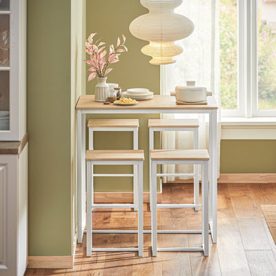 SoBuy OGT15-WN Ensemble Table Haute avec 1 Table et 4 Tabourets, Format Gain de Place, Format Compact, Design Fonctionnel – L100×P60×H96 cm, Blanc et Naturel