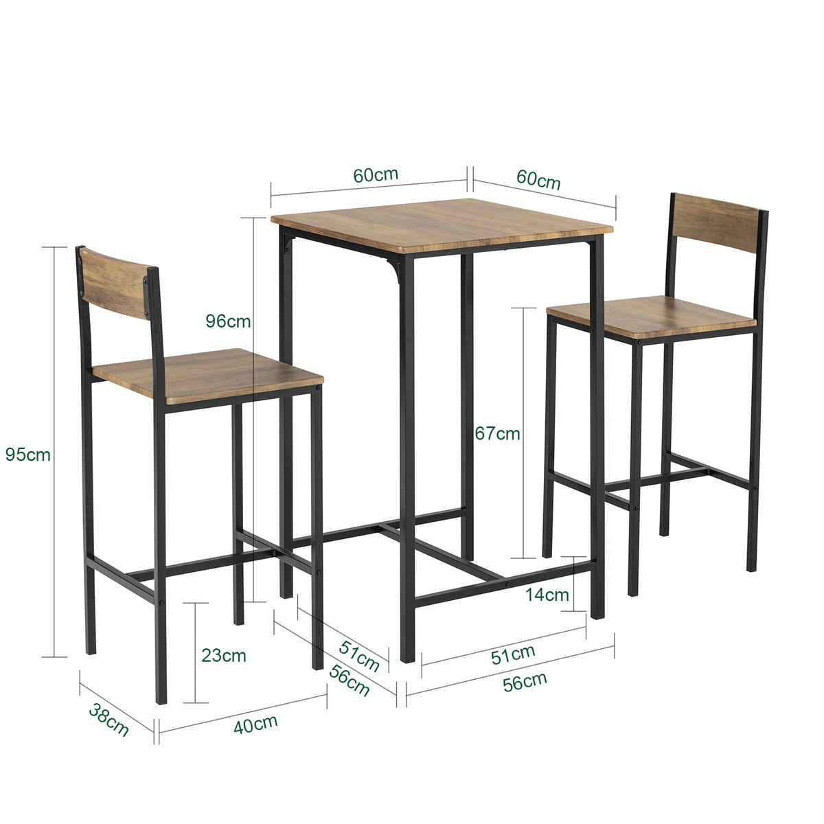 SoBuy OGT27-N Set Masă Înaltă de Bucătărie cu 2 Scaune, Masă de Bar Înaltă, Masă de Bucătărie cu Scaun, Masă Bar Bucătărie, Masă Înaltă Exterior, MDF și Metal, Lemn