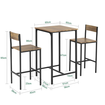 SoBuy OGT27-N Set Masă Înaltă de Bucătărie cu 2 Scaune, Masă de Bar Înaltă, Masă de Bucătărie cu Scaun, Masă Bar Bucătărie, Masă Înaltă Exterior, MDF și Metal, Lemn