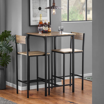 SoBuy OGT27-N Set Masă Înaltă de Bucătărie cu 2 Scaune, Masă de Bar Înaltă, Masă de Bucătărie cu Scaun, Masă Bar Bucătărie, Masă Înaltă Exterior, MDF și Metal, Lemn