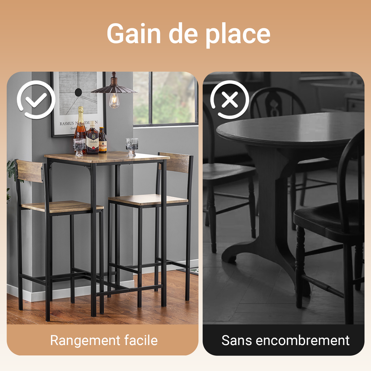 SoBuy OGT27-N Set Masă Înaltă de Bucătărie cu 2 Scaune, Masă de Bar Înaltă, Masă de Bucătărie cu Scaun, Masă Bar Bucătărie, Masă Înaltă Exterior, MDF și Metal, Lemn