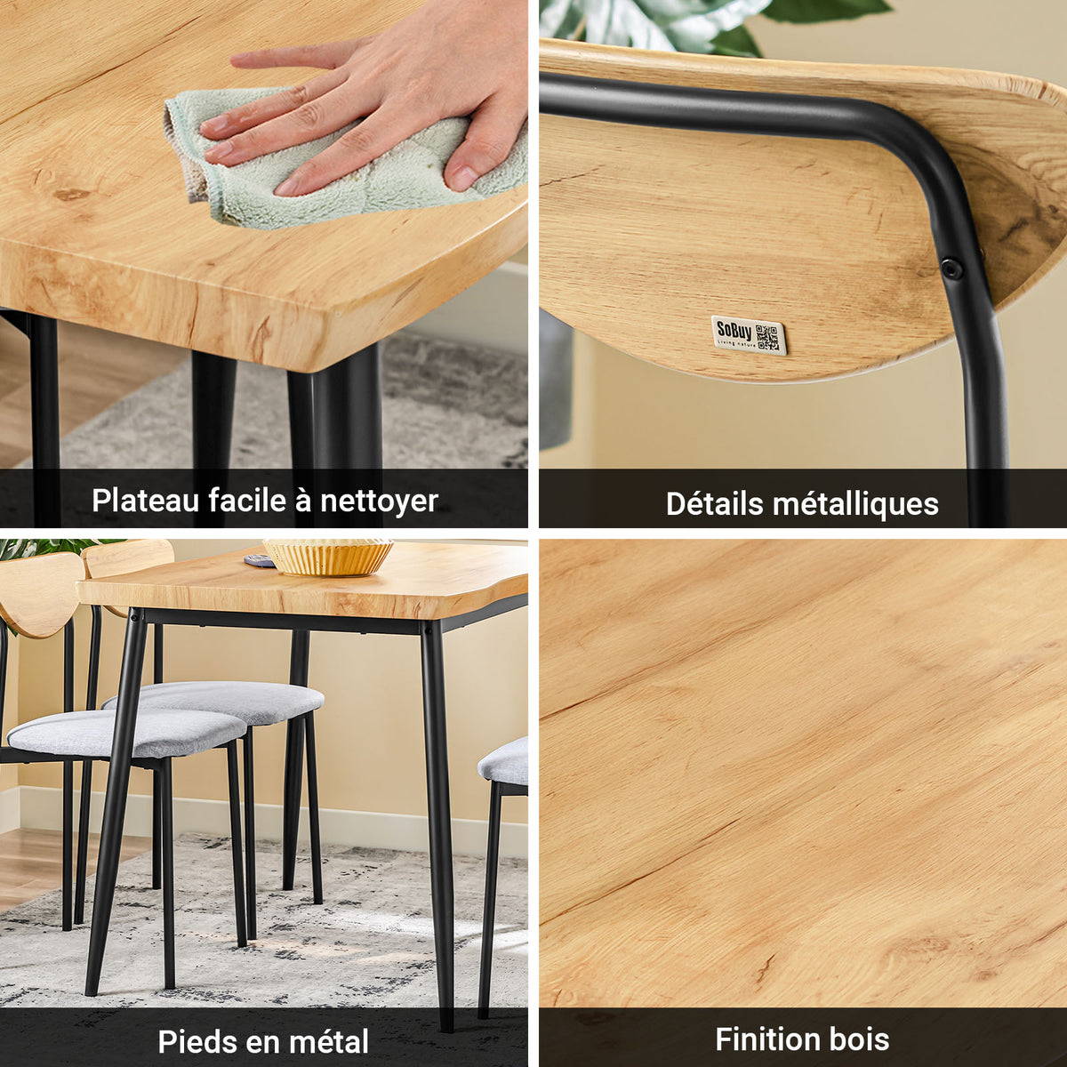SoBuy OGT52-N Ensemble Table à Manger 5 Pièces avec 4 Chaises Rembourrées et Cadre Acier – Table L110×P70×H76 cm, Charge 150 kg/Chaise, Naturel