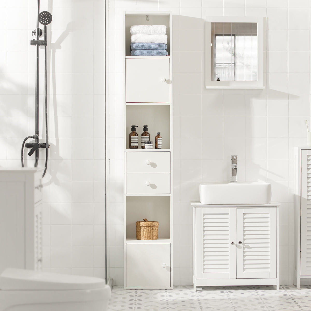 SoBuy STR10-W Meuble Colonne de Salle de Bain Armoire de Rangement Placard de Rangement Armoire sur Pied avec 2 Portes et 2 Tiroirs Blanc 33x24x188cm