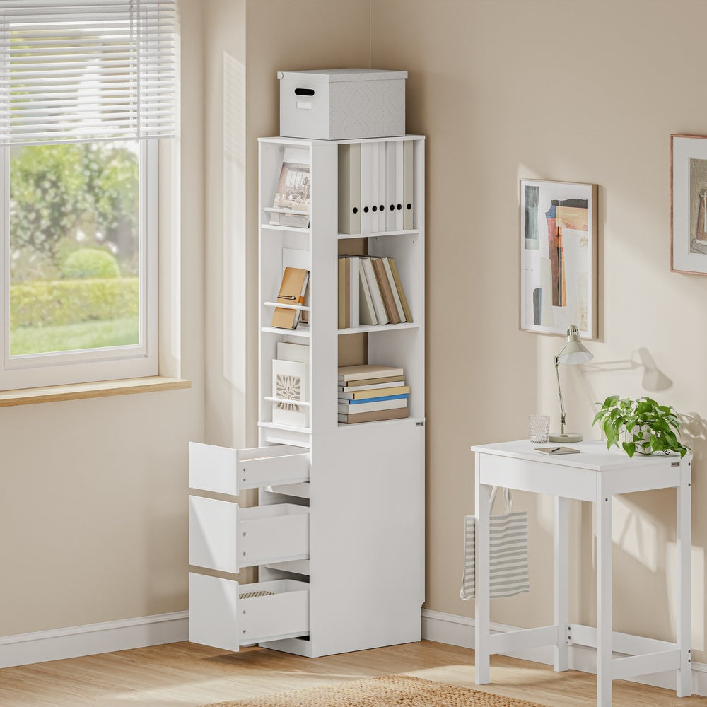 SoBuy STR15-W Étagère Blanche 4 Niveaux avec 3 Tiroirs – Meuble de Rangement Gain de Place pour Salon, Chambre, Cuisine ou Bureau, Bibliothèque Haute d'Angle 28 cm – 28×50×170 cm, Charge 58 kg