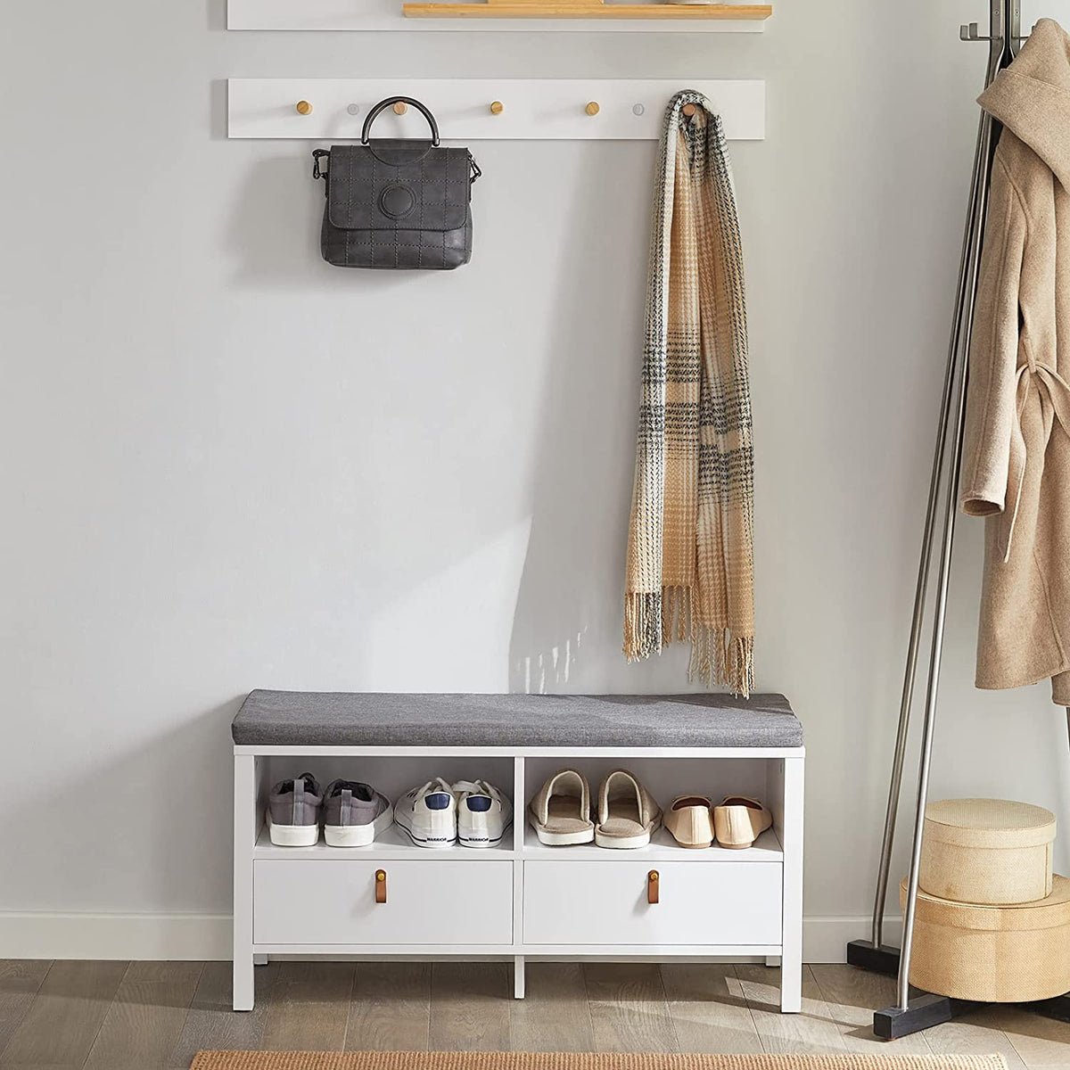 SoBuy FSR106-W Banc de Pantofi cu Pernă Căptușită și Spațiu de Depozitare pentru Hol Intrare – 90x30x46 cm, Alb