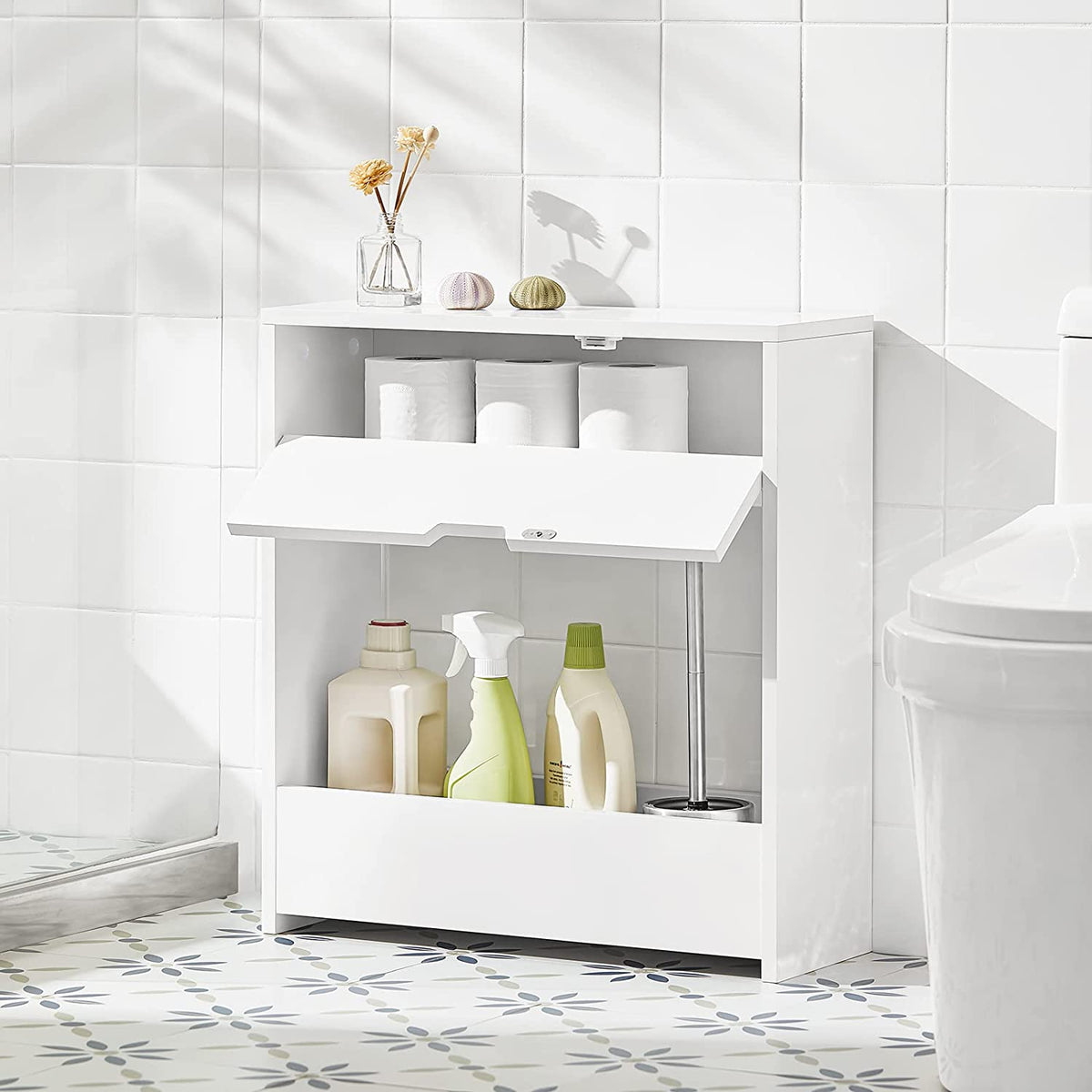 SoBuy BZR48-W Suport Hârtie Igienică, Dulap Toaletă WC, Mobilier de Baie, Dulap de Baie pe Picior