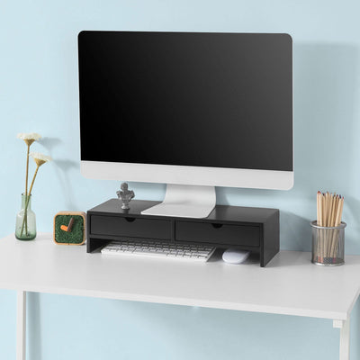 SoBuy BBF02-SCH Suport Monitor PC, Raft de Ridicare Monitor PC cu 2 Sertare și Spațiu de Depozitare, Suport Universal pentru Laptop sau Monitor, Negru, 47x18x11cm