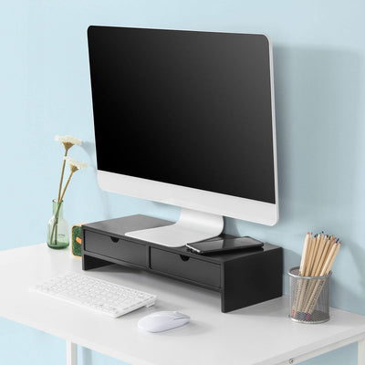 SoBuy BBF02-SCH Suport Monitor PC, Raft de Ridicare Monitor PC cu 2 Sertare și Spațiu de Depozitare, Suport Universal pentru Laptop sau Monitor, Negru, 47x18x11cm