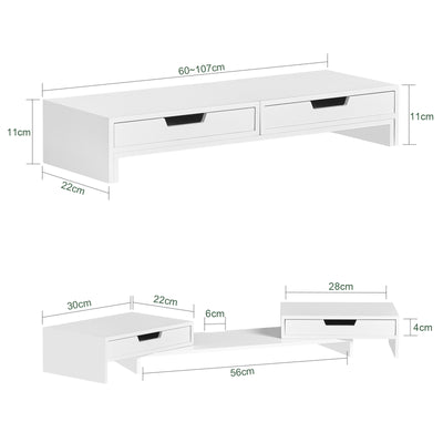 SoBuy BBF04-W Înălțător Suport pentru Monitor PC cu 2 Sertare Suport Monitor Laptop Înălțător Computer Suport Monitor Reglabil Alb 60–107x22x11cm