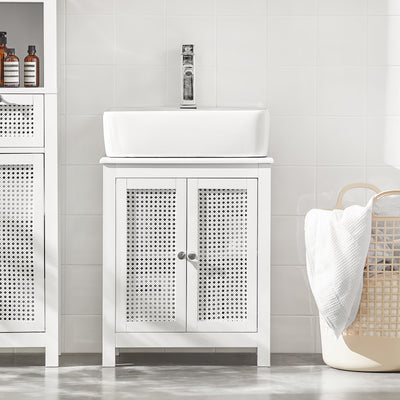 SoBuy BZR35-W Meuble sous Lavabo Salle de Bain Meuble Lavabo avec 2 Portes et Étagère Petit Meuble Salle de Bain avec Panneaux en Treillis pour Vasque ou Lavabo Blanc 50x60x33 cm