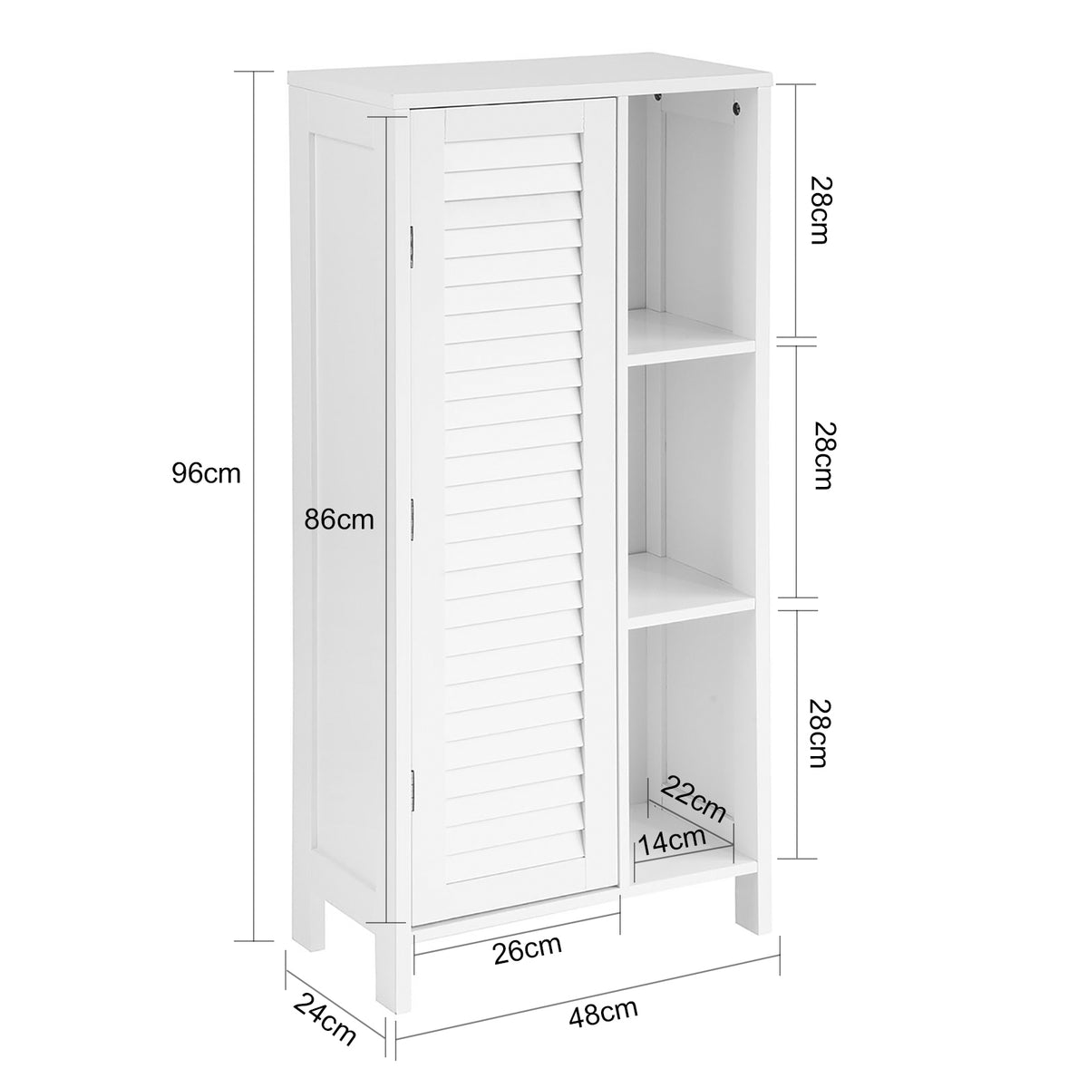 SoBuy BZR39-W Dulap înalt de baie – Dulap de baie îngust cu ușă cu lamele și 3 rafturi – Dulap de depozitare pentru bucătărie, toaletă, alb, 48 x 96 x 24 cm