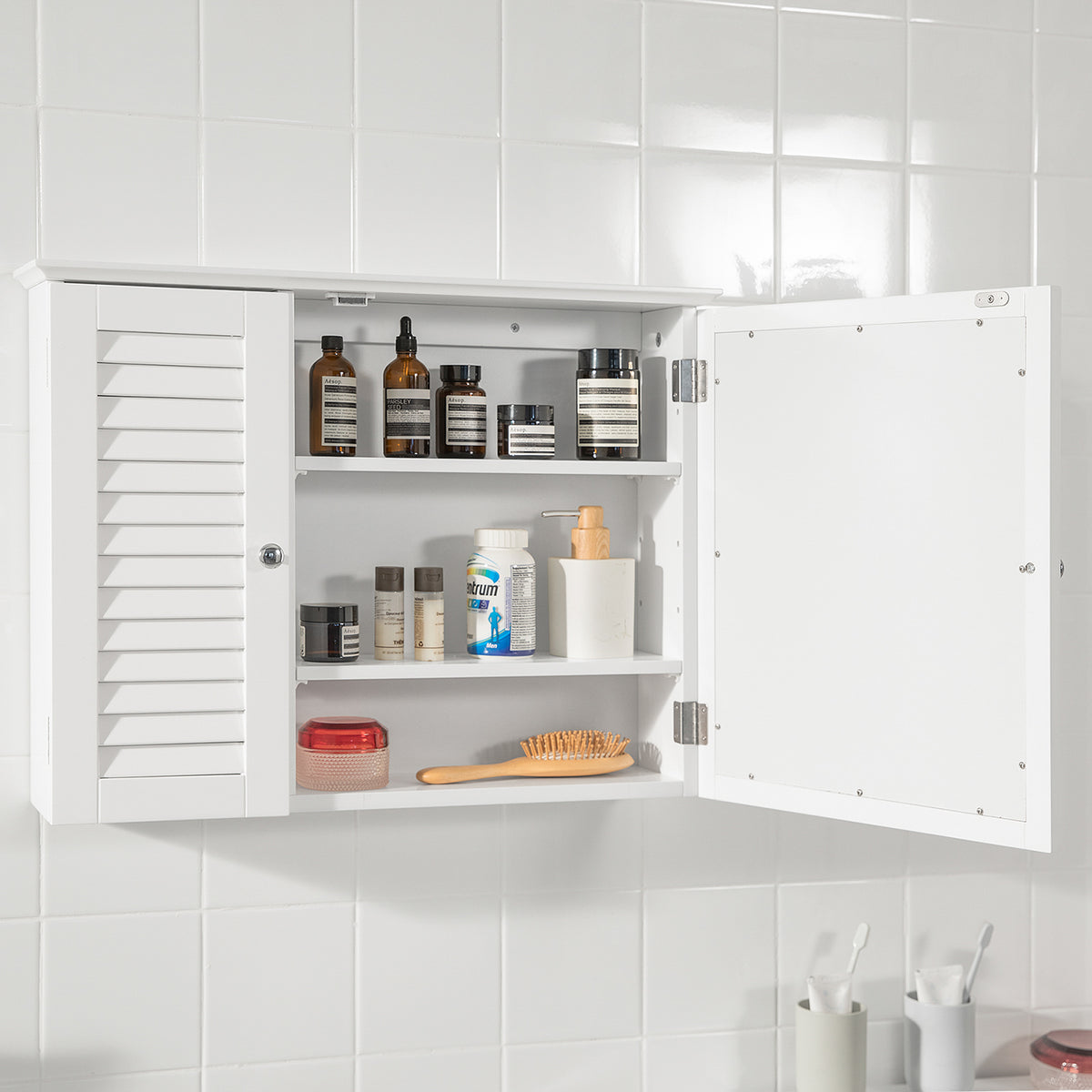 SoBuy BZR55-W Dulap cu oglindă suspendat pentru baie, cu ușă tip oglindă, comodă, mobilier de depozitare