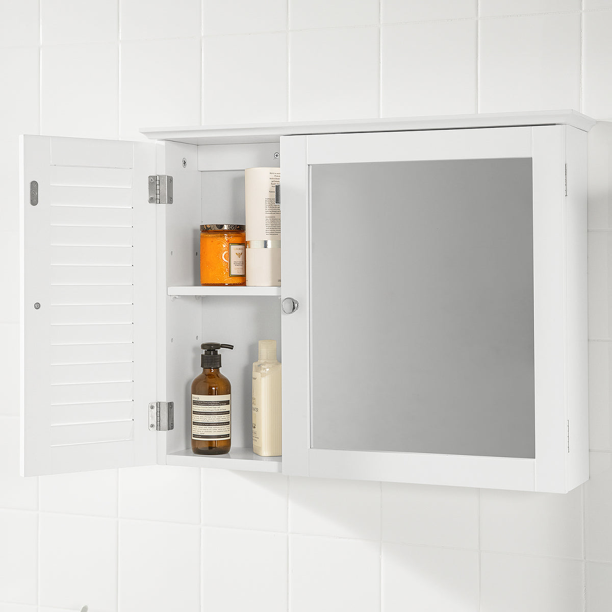 SoBuy BZR55-W Dulap cu oglindă suspendat pentru baie, cu ușă tip oglindă, comodă, mobilier de depozitare