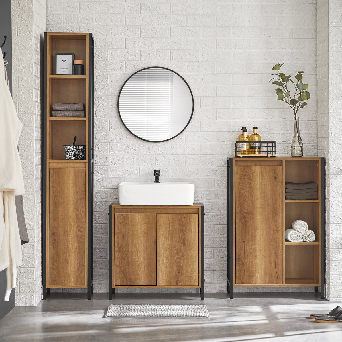 SoBuy BZR65-PF Dulap de baie cu coș de rufe, Dulăpior de depozitare pentru baie cu rafturi deschise și coș detașabil – Dulap de toaletă compact pentru depozitare WC 60x30x90 cm
