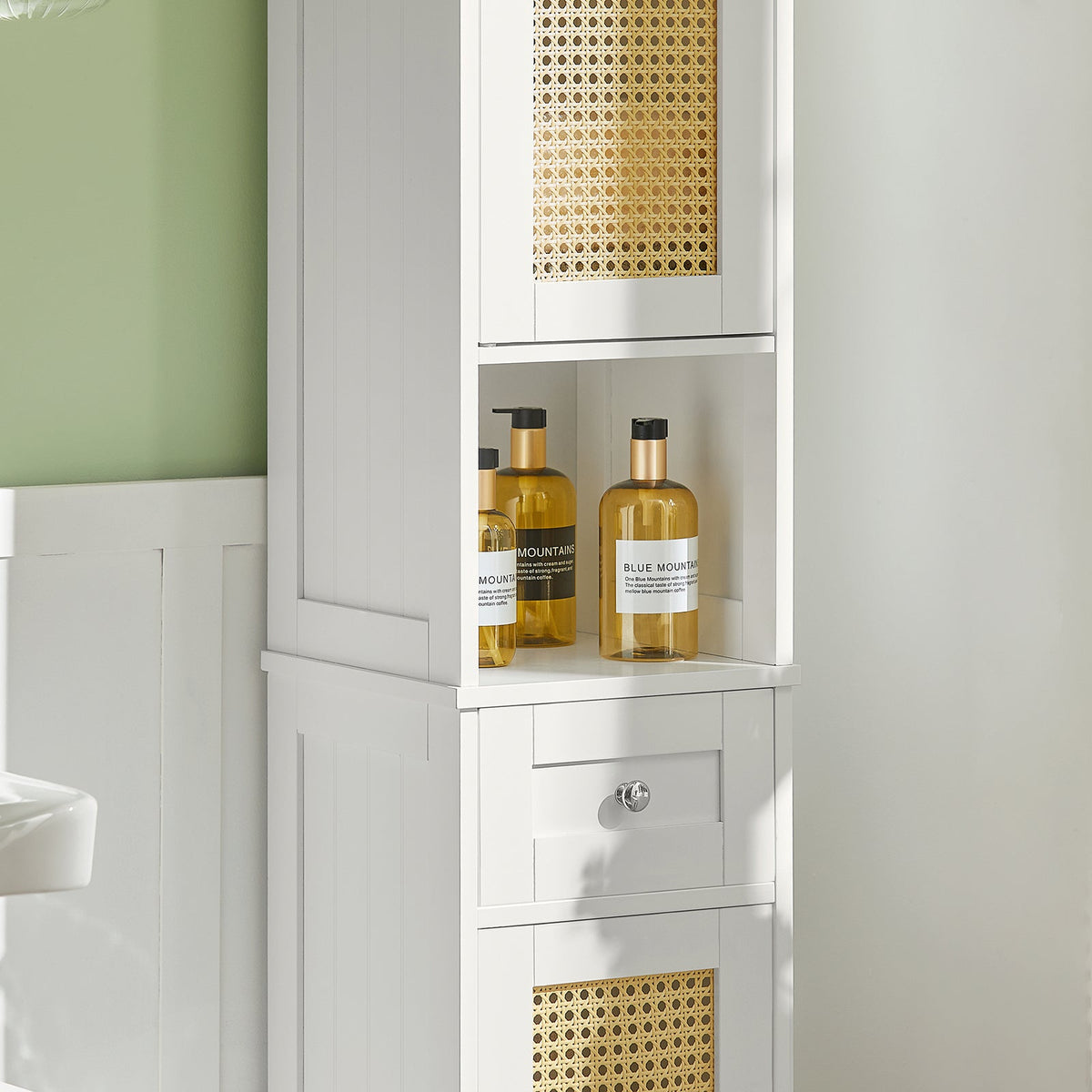 SoBuy BZR70-W Dulap înalt, Comodă, Dulap de baie pe picioare, Rattan sintetic