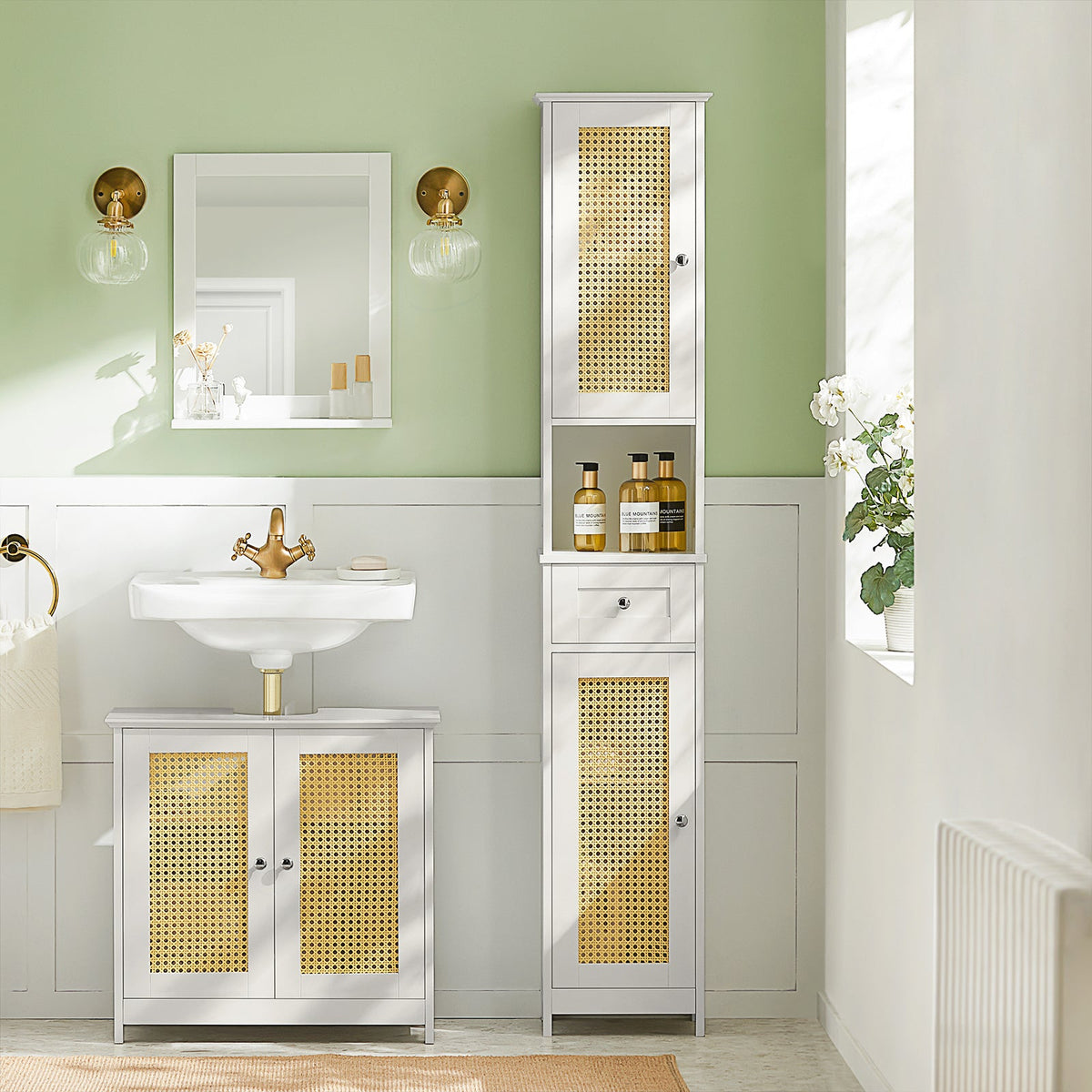 SoBuy BZR70-W Dulap înalt, Comodă, Dulap de baie pe picioare, Rattan sintetic