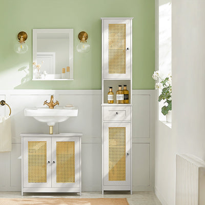 SoBuy BZR70-W Dulap înalt, Comodă, Dulap de baie pe picioare, Rattan sintetic