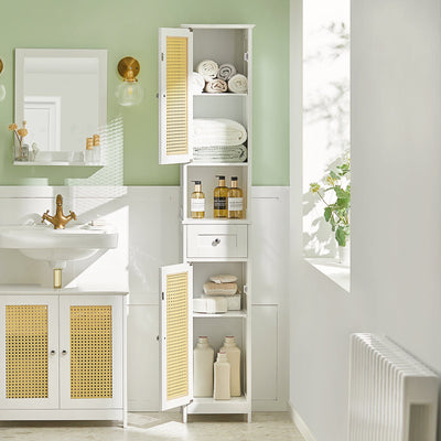 SoBuy BZR70-W Dulap înalt, Comodă, Dulap de baie pe picioare, Rattan sintetic