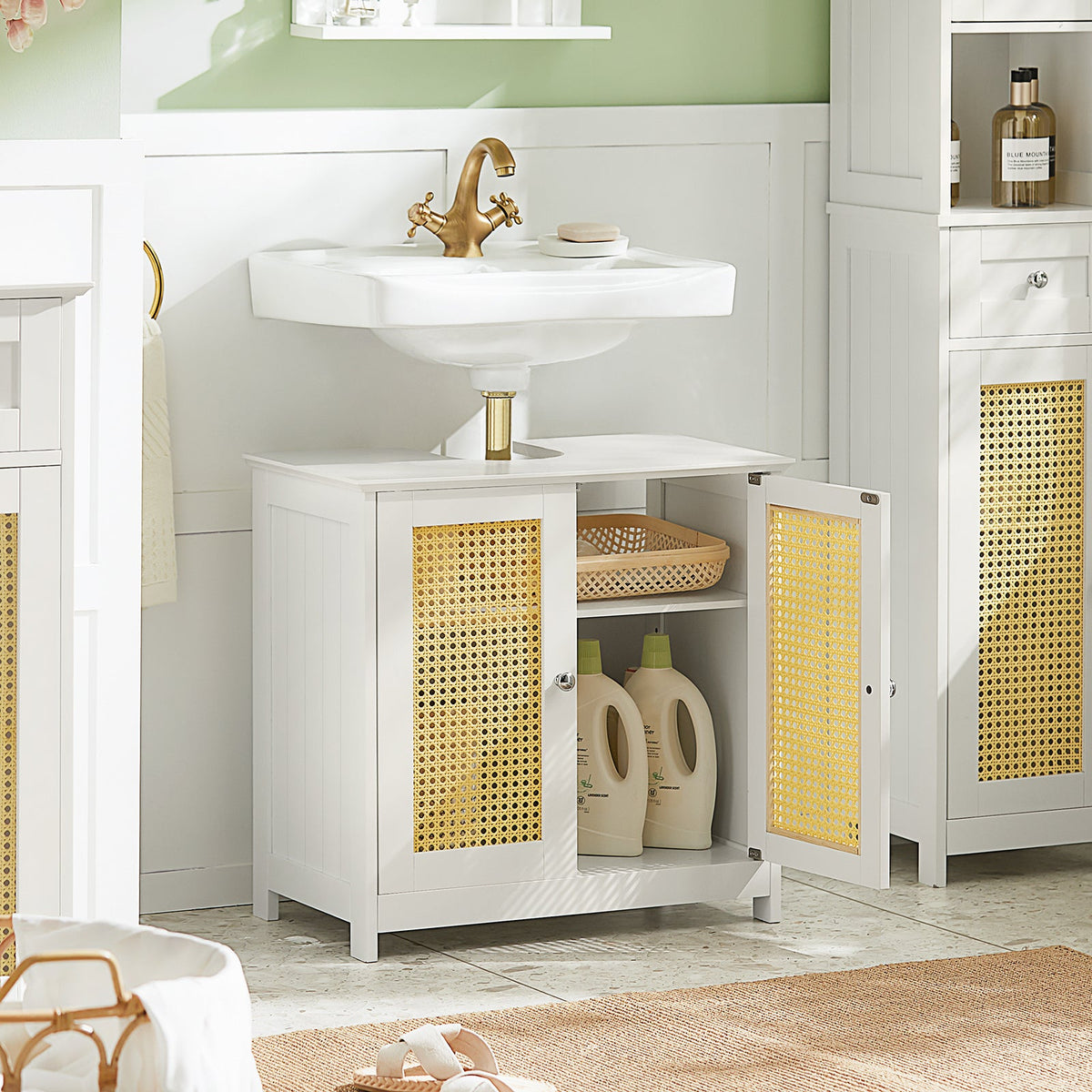 SoBuy BZR72-W Meuble sous-Lavabo, Meuble sous-Vasque à 2 étages réglable et 2 Portes en Ploy Rotin, Placard de Rangement
