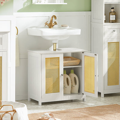 SoBuy BZR72-W Meuble sous-Lavabo, Meuble sous-Vasque à 2 étages réglable et 2 Portes en Ploy Rotin, Placard de Rangement