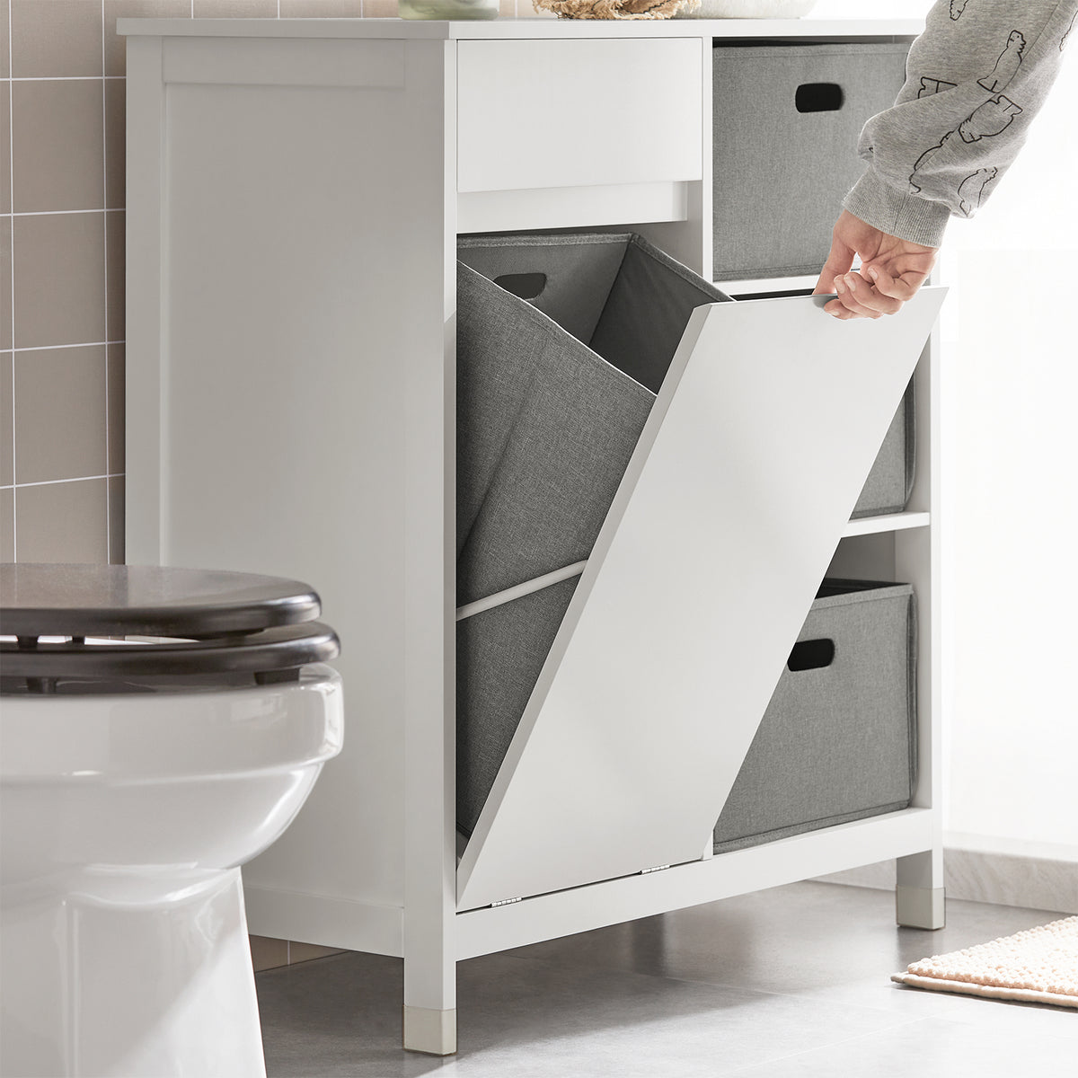SoBuy BZR77-W Meuble de Salle de Bain avec Paniers à Linge, Armoire à Linge avec 3 Paniers et Tiroir, Armoire de Salle de Bain en Bois, Corbeille à Linge, Blanc, 80x91x38cm
