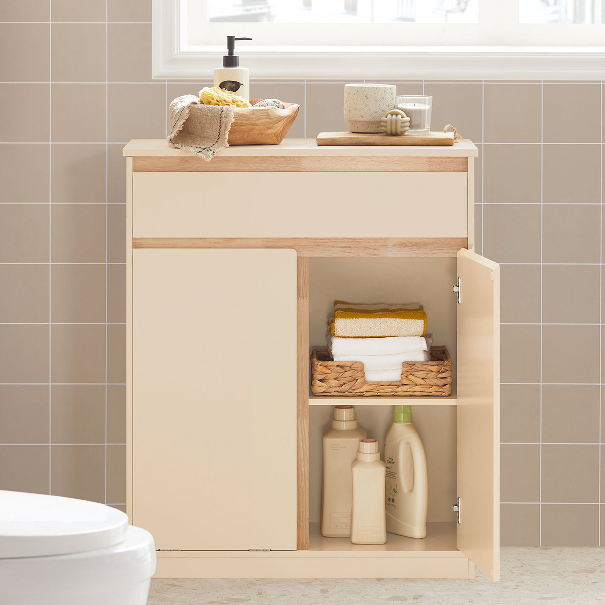 SoBuy BZR79-MI Meuble Bas de Salle de Bain avec Bac à Linge Amovible Armoire à Linge Commode Armoire Toilette avec Panier à Linge