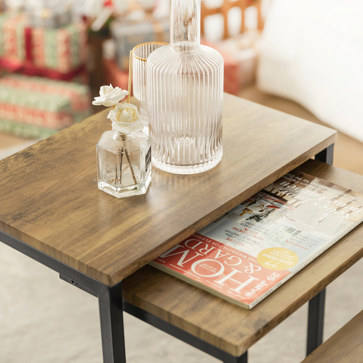 SoBuy FBT102-F Set de 3 Tables Gigognes, Tables Basses Modernes pour Salon, Design Gain de Place, Nature & Noir