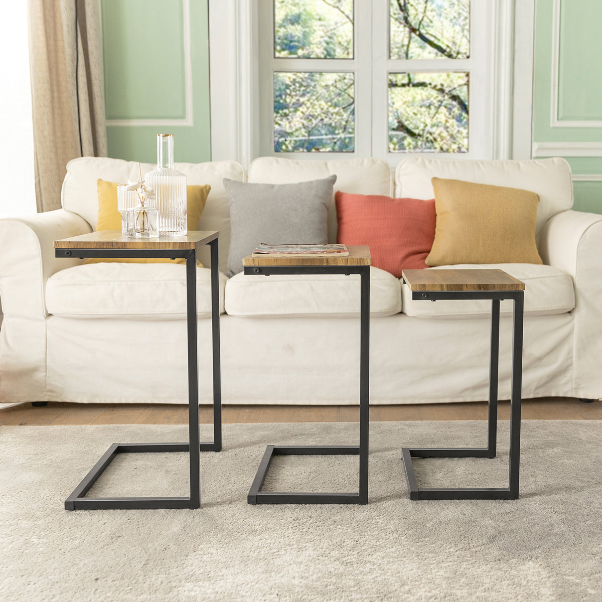 SoBuy FBT102-F Set de 3 Tables Gigognes, Tables Basses Modernes pour Salon, Design Gain de Place, Nature & Noir