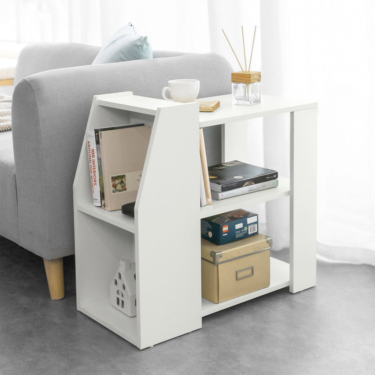 SoBuy FBT104-W Bout de Canapé Table d’Appoint Meuble de Rangement avec 3 Etagères et 2 Compartiments Ouverts