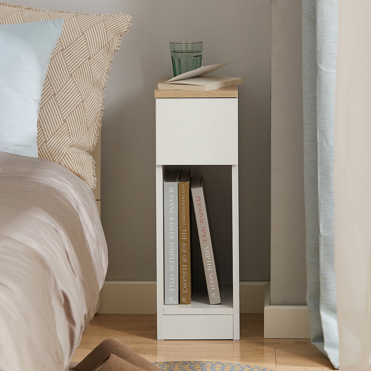 SoBuy FBT111-WNx2 Lot de 2 Tables de Chevet Étroites 20 cm – Gain de Place, Tiroir et Étagère