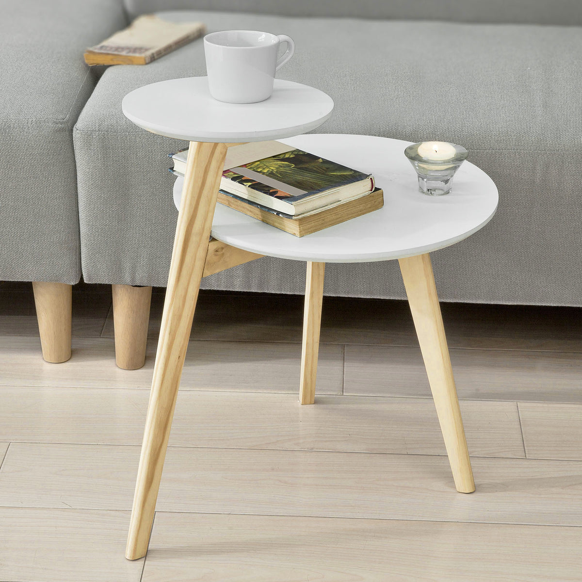 SoBuy FBT53-WN Măsuță de cafea de design Masă laterală rotundă Masă de cafea, 2 blaturi, 3 picioare