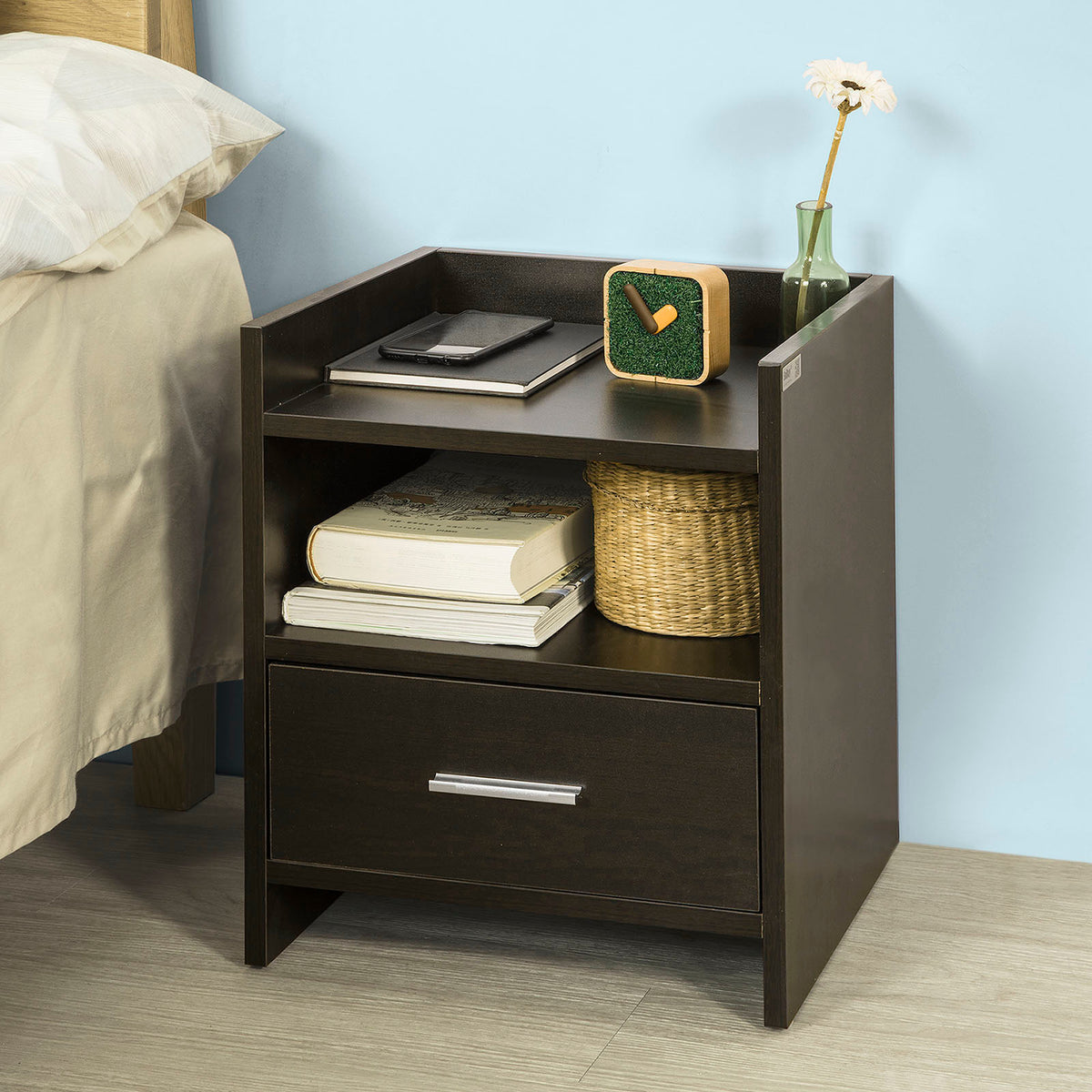 SoBuy FBT66-BR Table de Chevet Table de Nuit Bout de Canapé avec 1 Tiroir 1 Niche
