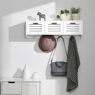 SoBuy FHK19-W Suport haine, etajeră de perete, mobilier de hol, cuiere, etajeră suspendată, vestiar cu 3 coșuri și 4 cârlige 80x20x25 cm