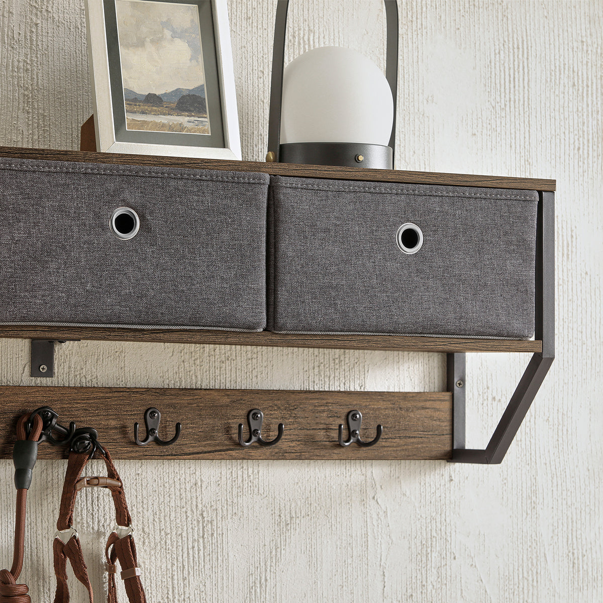 SoBuy FHK26-N Cuier de Perete Mobilier de Hol, Suport Haine, Etajeră de Perete cu 3 Coșuri și 7 Cârlige Duble, Stil Industrial 100x20x30 cm