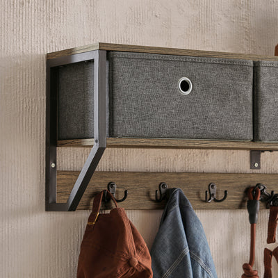 SoBuy FHK26-N Cuier de Perete Mobilier de Hol, Suport Haine, Etajeră de Perete cu 3 Coșuri și 7 Cârlige Duble, Stil Industrial 100x20x30 cm