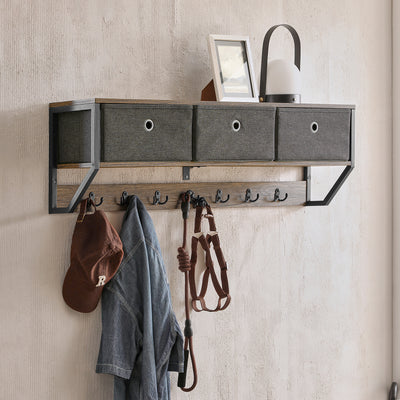 SoBuy FHK26-N Cuier de Perete Mobilier de Hol, Suport Haine, Etajeră de Perete cu 3 Coșuri și 7 Cârlige Duble, Stil Industrial 100x20x30 cm