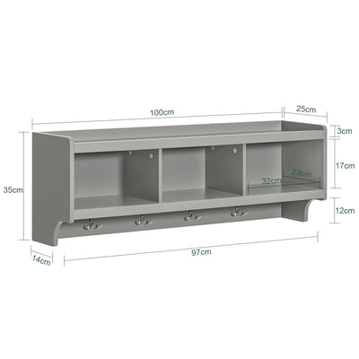 SoBuy FHK28-HG Porte Manteau Mural, Étagère de Rangement, Meuble Entrée, Vestiaire avec 3 Compartiments et 4 Crochets Doubles, 100x25x35 cm, Gris
