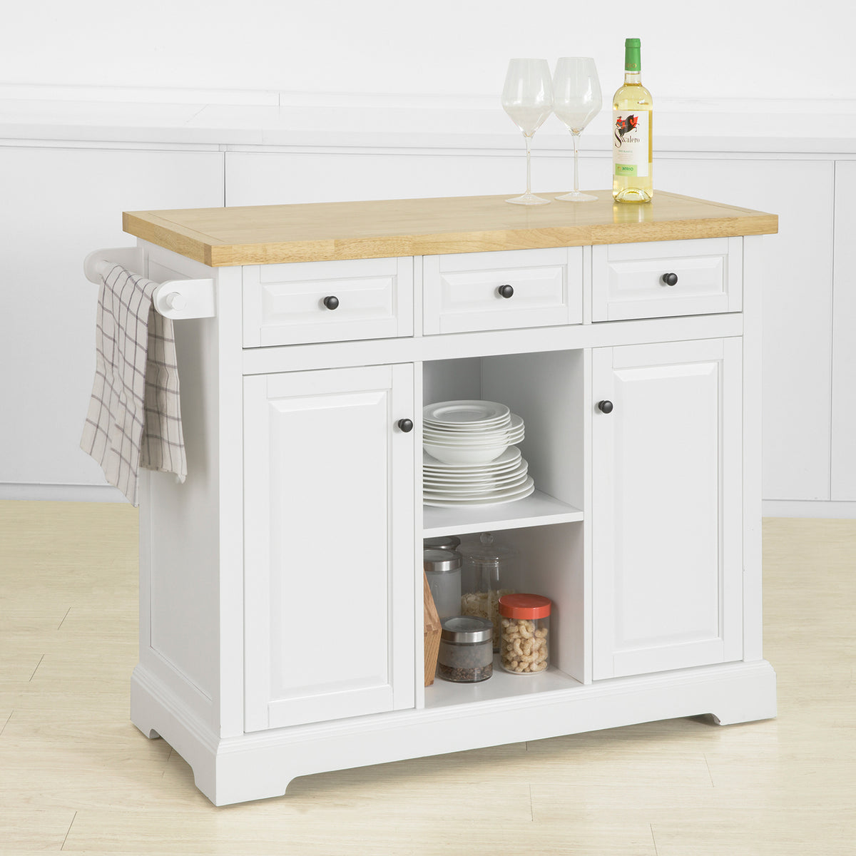 SoBuy FKW101-WN Cărucior de Bucătărie cu Roți, cu Blat, 3 Sertare, 2 Rafturi și 2 Uși, Capacitate 50 kg – 115x46x91 cm, Alb și Natural