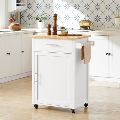 SoBuy Căruciorul căruciorului de cărucior de bucătărie cu roți cu ușă și sertar alb -natural FKW102 -Own