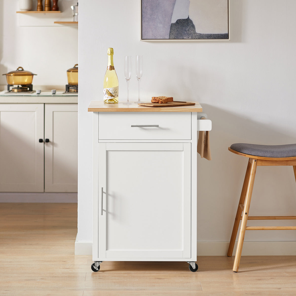 SoBuy FKW102-WN Cărucior de bucătărie cu roți, cu blat de lucru, 1 sertar, 1 ușă și suport pentru prosoape de hârtie, sarcină 45 kg – 68x46x90 cm, alb și natur