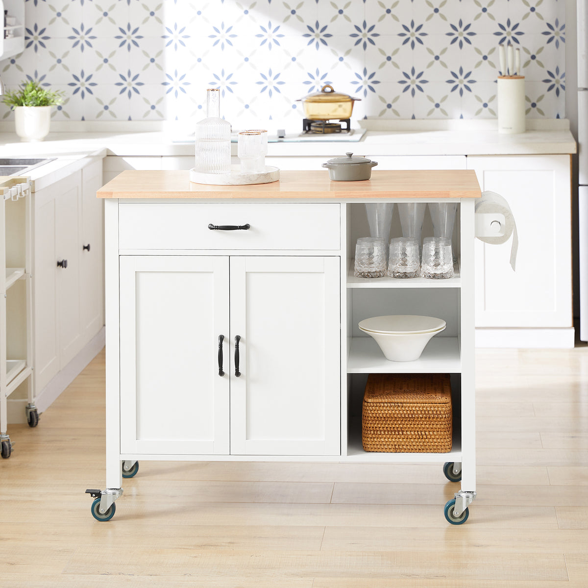SoBuy FKW103-WN Desserte Îlot de Cuisine Desserte à roulettes Chariot de Cuisine Meuble de Rangement avec Porte-Serviettes, Placard Tiroir et 3 étagères