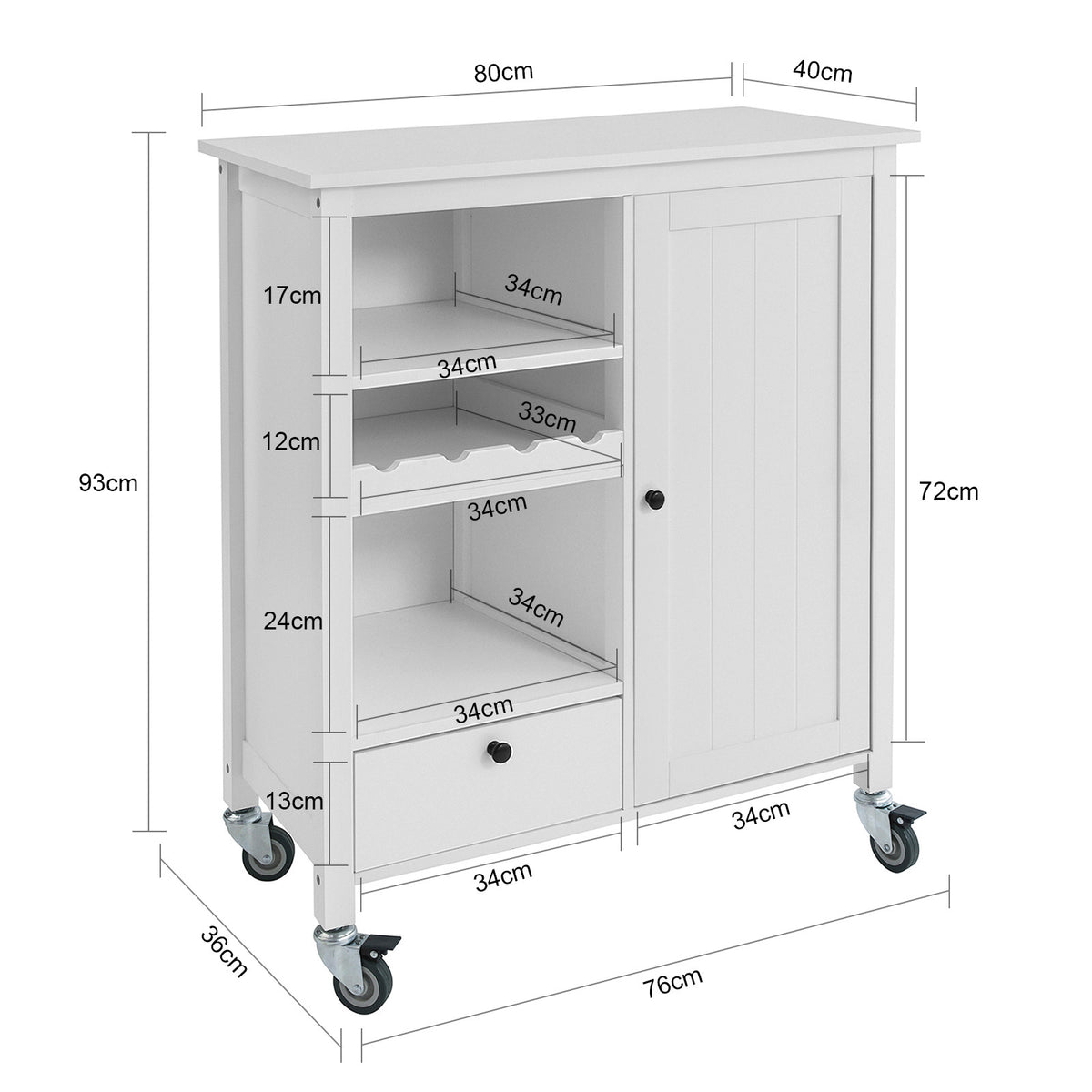 SoBuy FKW104-W Cărucior de Servire Mobilier de Depozitare cu Roți