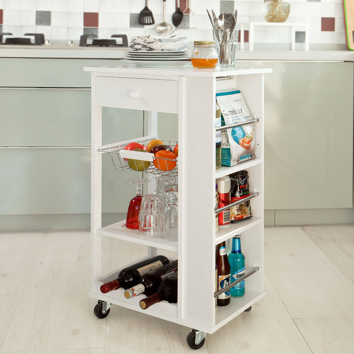SoBuy FKW12-W Cărucior de bucătărie cu roți, Mobilier de depozitare, Kitchen Trolley Cărucior de bucătărie