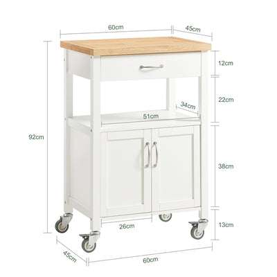 SoBuy FKW22-WN Cărucior de bucătărie cu roți și blat din INOX, 1 Sertar, 1 Raft și 2 Uși, Cărucior multifuncțional – 60x45x92 cm, Alb și Natural