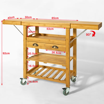 SoBuy FKW25-N Cărucior de bucătărie pe roți din bambus – Dulap compact de bucătărie cu blat pliabil, masă de umbră cu sertare și rafturi deschise, design industrial 135x92x37cm