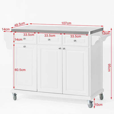 SoBuy FKW33-W Desserte de Cuisine à Roulettes XXL avec Plan de Travail INOX, 3 Tiroirs et Système de Tri des Déchets, Charge 50 kg – 133x48x95 cm, Blanc